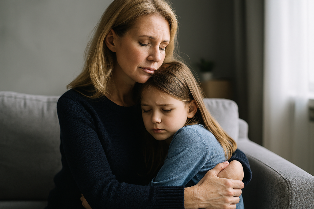 Divorced parent holding child at home during financial stress while trying to secure a mortgage