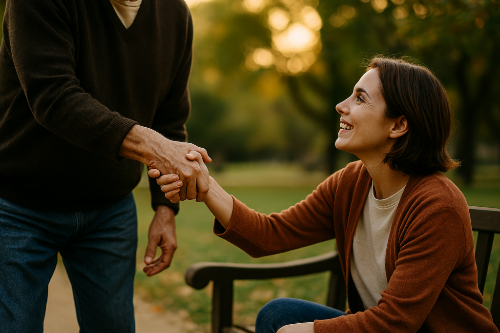 Two people shaking hands outdoors, representing trust, kindness in business, strong relationships, and helping others without expectation.