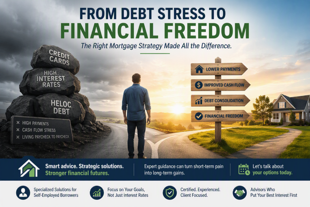 Self-employed homeowner choosing a path from debt stress to financial freedom through mortgage refinancing, debt consolidation, improved cash flow, and lower monthly payments.