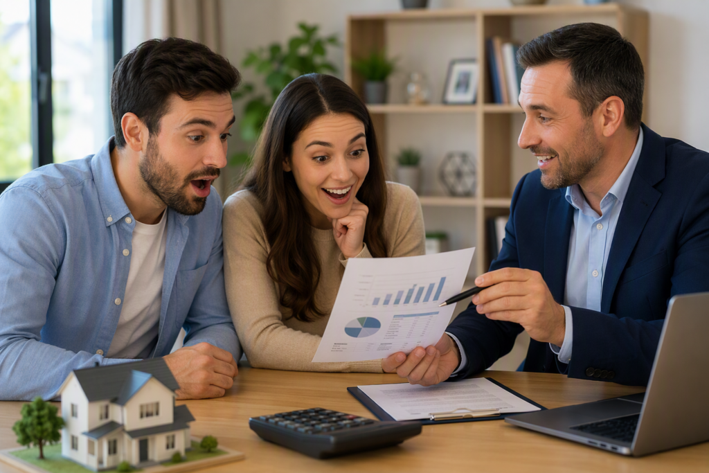 Mortgage advisor reviewing mortgage cost comparisons with first-time homebuyers, demonstrating how lender credits and break-even analysis can reduce overall borrowing costs despite a higher interest rate.